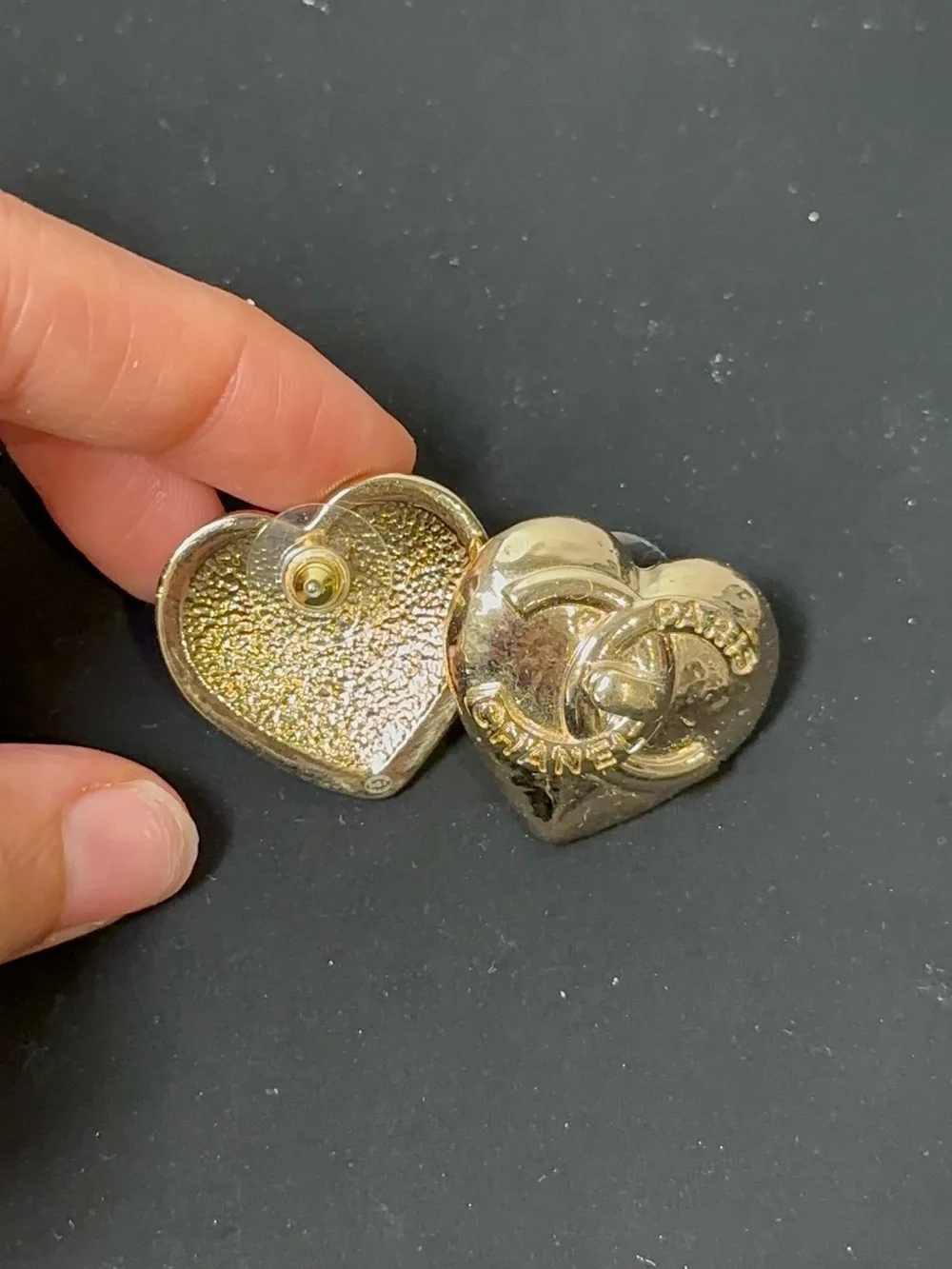 CHANEL Gold Heart CC Logo Stud Earrings